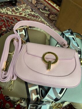 Women's Pink Leather Crossbody Bag with Gold Ring Accent
